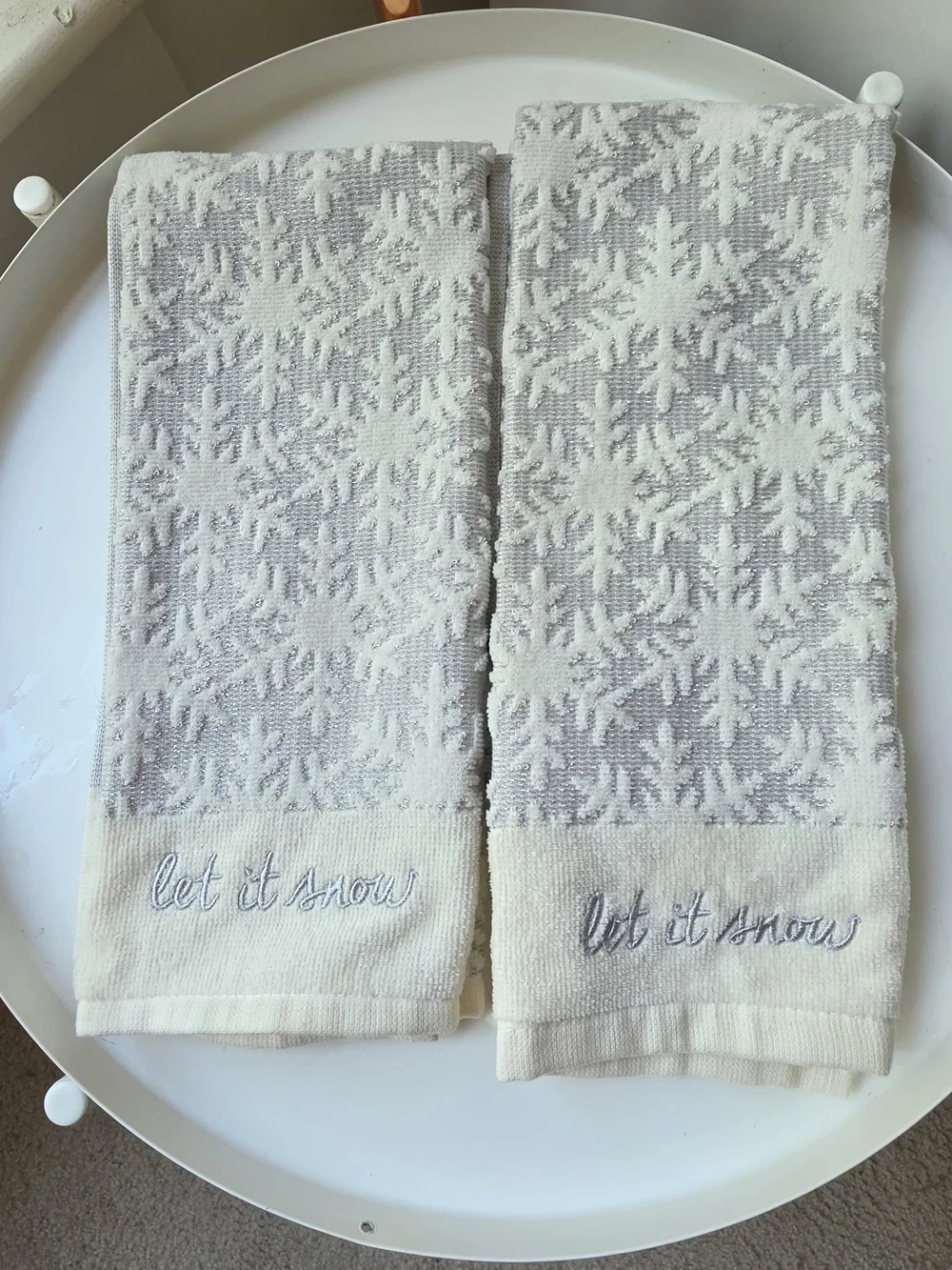 Let It Snow Embroidered Snowflake Hand Towels - Cream & Gray